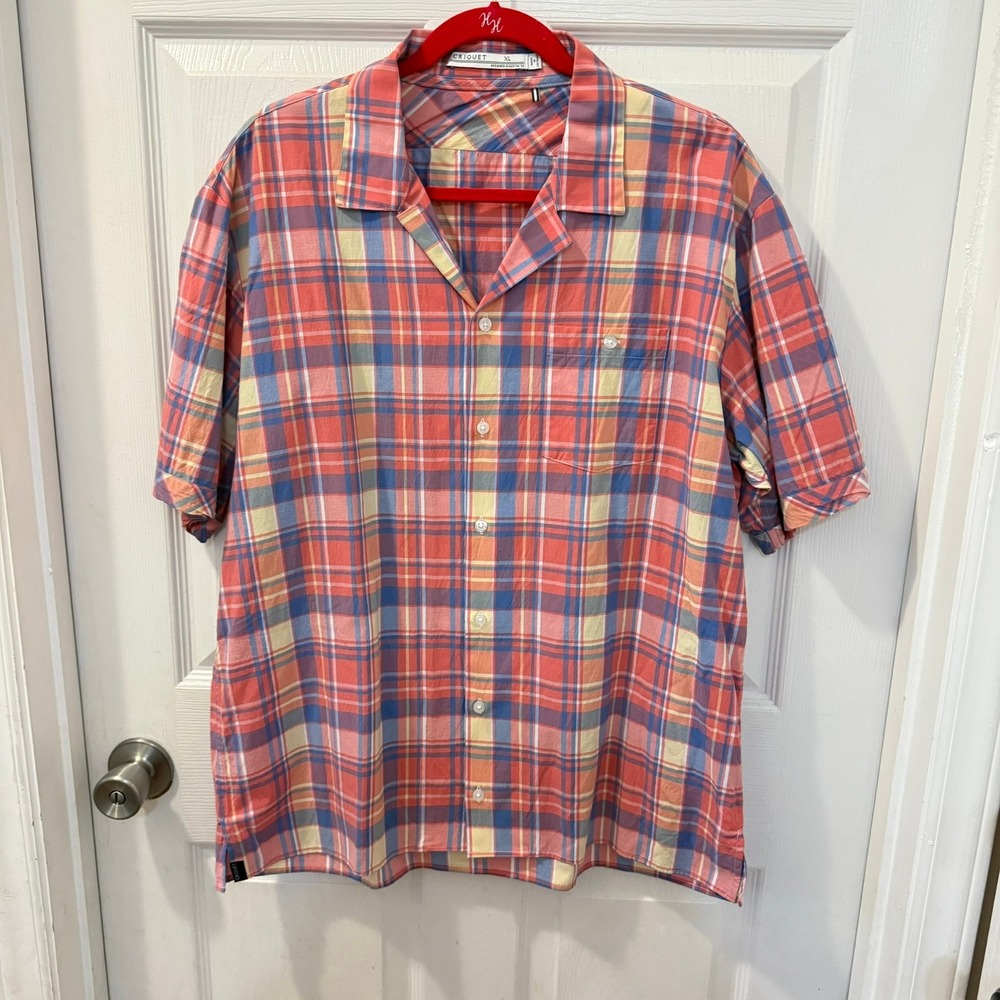Criquet Mens XL Plaid Short Sleeve Camp Shirt Button Up Designed in Austin, TX